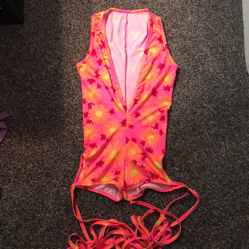 Neon flower rave bodysuit with leg wraps connected